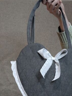 Gray Denim Quilted Handmade Heart Shaped Handbag
